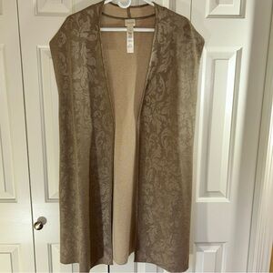 Chico Traveler’s Women’s Sz 3(14/16) Long Open Vest Tan w Metallic Floral Print